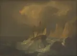 Thomas Buttersworth, Untitled, A ship in a storm off a rocky coast oil on canvas 23 x 30.5cm