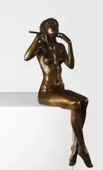 Jonathan Wylder, Untitled, A seated female nude playing a flute bronze with mid-brown patination
