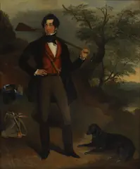 Untitled by John Jackson, his black retriever at his feet oil on canvas 76 x 63cm, sold Jun 2024