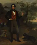 John Jackson, Untitled, his black retriever at his feet oil on canvas 76 x 63cm