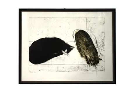 Elizabeth Blackadder, Two Cats, etching