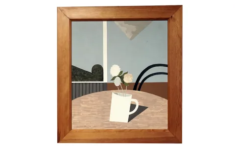 Kenneth Rowntree, Paper Flowers in a Mug, oil on board
