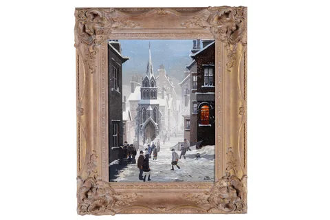 Brian Shields 'Braaq', Winter street view with a church, oil on board