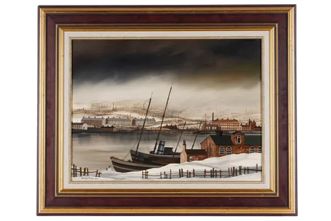 Brian Shields 'Braaq', Northern industrial landscape with trawler boats, oil on board