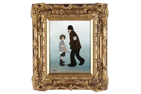 Brian Shields 'Braaq', Boy holding a hoop with a man walking by, oil on board