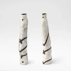 Gordon Baldwin, Two 'Monads', 1989, Stoneware, dry white glazes with geometric black designs in glaze and pencil, and shiny black and brown interiors