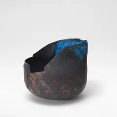 Gordon Baldwin, Large bowl form, 1985, Stoneware, dry brown and blue painted slips and glazes over an incised and pierced dark brown body