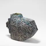 Henry Pim, Rocking form, circa 1985, Stoneware, layered and crawling slips and glazes in pale pink, blue and yellow over a metallic black body