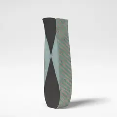 'Lachrymatory with Fracturing' vessel by Elizabeth Fritsch, circa 1989, Hand-built stoneware, decorated in polychrome slips in geometric motifs, of slight baluster form rising to an angled nec, sold Mar 2026