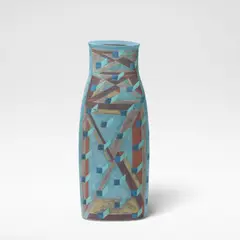 Elizabeth Fritsch, 'Counterpoint' vessel, circa 1991, Hand-built stoneware, of flattened curved form, decorated with cubist motifs in polychrome slips against a blue ground