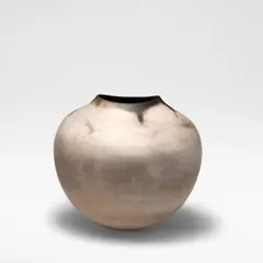 Gabriele Koch, Large globular vessel, circa 1990, Earthenware, the ovoid form rising to a pinched rim, burnished and smoke fired in shades of pink and black
