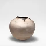 Gabriele Koch, Large globular vessel, circa 1990, Earthenware, the ovoid form rising to a pinched rim, burnished and smoke fired in shades of pink and black