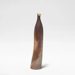 Joanna Constantinidis, Tall leaning bottle, Stoneware, mottled rich brown and lustrous golden bronze glazes