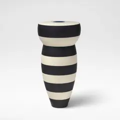 Roseline Delisle, 'Triptyque' vessel, 1987, Glazed porcelain, decorated in bands of black and white with blue glaze to interior and underside