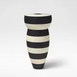 Roseline Delisle, 'Triptyque' vessel, 1987, Glazed porcelain, decorated in bands of black and white with blue glaze to interior and underside