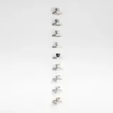 Julian Stair, Nine cups on shelves, Porcelain, decorated in matte glazes of black, grey and white, each on an individual square plaster composite ground