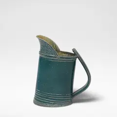 Walter Keeler, Large jug, Stoneware, deep teal salt glaze with running olive green and brown salt glazes to interior, mounted with a strap handle