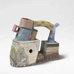 Angus Suttie, 'Fantasy' teapot, circa 1986, Earthenware, painted in vivid polychrome glazes with abstract designs and incised marks