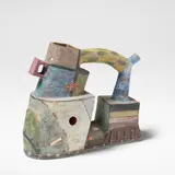 Angus Suttie, 'Fantasy' teapot, circa 1986, Earthenware, painted in vivid polychrome glazes with abstract designs and incised marks