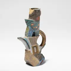 Angus Suttie, 'Fantasy' teapot, circa 1986, Earthenware, painted in vivid polychrome glazes with abstract designs and incised marks