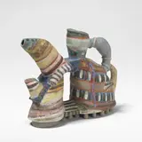 Angus Suttie, 'Fantasy' teapot, circa 1986, Earthenware, painted in vivid polychrome glazes with abstract designs, modelled as a shoe to the base