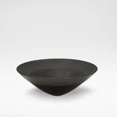 Anna Dickinson, Open bowl, 1989, Handblown glass blank by Neil Wilkin, the rim with an electroformed band of copper, the well sandblasted with concentric circles