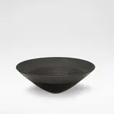 Anna Dickinson, Open bowl, 1989, Handblown glass blank by Neil Wilkin, the rim with an electroformed band of copper, the well sandblasted with concentric circles