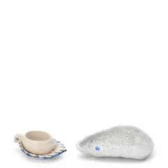 Dedham Pottery, "NUT ON LEAF" SALT AND "OYSTER SHELL" DEBRIS DISH, glazed stoneware