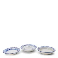 Dedham Pottery, "RABBIT" PATTERN OPEN NAPPIE, COVERED NAPPIE, AND SOUP PLATE, glazed stoneware