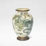 Martin Brothers, Vase, 1896, Glazed stoneware, of baluster form with incised and painted decoration of dragons and serpents