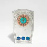 Archibald Knox, Tudric clock, model no. 0369, circa 1905, Pewter, copper and enamel, the copper chapter ring with raised Roman numerals