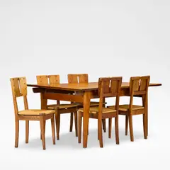 Gustave Serrurier-Bovy, Dining table and five chairs, circa 1904, Padouk, paper cord, brass