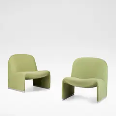 Giancarlo Piretti, Pair of 'Alky' chairs, designed 1969, Aluminium alloy frames, green fabric upholstery, plastic feet