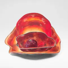 Dale Chihuly, Four-piece red 'Macchia' set, 1987, Handblown glass, spiralling striations of red, orange, and purple