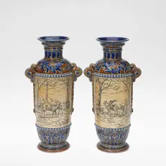 Hannah Barlow, for Doulton Lambeth, 1877, Stoneware, blue and brown glazes with incised landscape scenes of deer and stags amongst trees