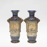 Hannah Barlow, for Doulton Lambeth, 1877, Stoneware, blue and brown glazes with incised landscape scenes of deer and stags amongst trees
