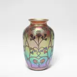 Quezal Glassworks, Vase, circa 1910, Iridescent glass, of bulbous form, overlaid with silver in stylised floral motifs