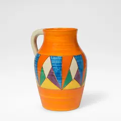 Clarice Cliff, 'Original Bizarre', Lotus jug, circa 1929, Glazed earthenware, hand painted with a stylised geometric decoration against an orange ground