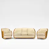 Harry and Lou Epstein, 'Cloud' lounge suite, circa 1930, Burr walnut veneer, cream leather upholstery, raised on castors