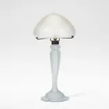 Daum Nancy, Table lamp, circa 1925, Acid etched glass, the mushroom shaped shade raised on a baluster shaped stem, deeply etched with vertical grooving