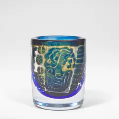 Edvin Öhrström, for Orrefors, 1971, Cased and polished glass, of cylindrical form, decorated with figures in blue against a yellow ground
