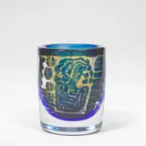 Edvin Öhrström, for Orrefors, 1971, Cased and polished glass, of cylindrical form, decorated with figures in blue against a yellow ground