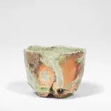 Fujioka Shuhei, Tea bowl, late 20th Century, Stoneware, running ash green glaze over a brown body with subtle shimmer, the foot with an incised cross