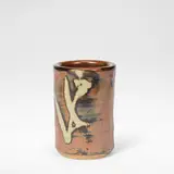 Shoji Hamada, Brush pot, circa 1971, Stoneware, rich persimmon and grey glazes with brushed wax resist stem leaf decoration to two sides
