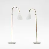 Arne Jacobsen, Two 'Bellevue' standing lamps, model no. AJ7, designed 1929, White lacquered metal, cast iron bases and brass stems