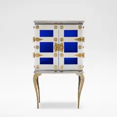 Mark Brazier-Jones, 'Mount' cabinet, 1994, Stainless steel, bronze and cobalt glass, the pair of doors opening onto three glass shelves
