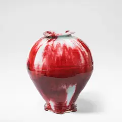 Gareth Mason, Large globular jar, circa 1997, Porcelain, running pale blue celadon and deep red glazes