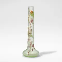 'Cœur de Marie' solifleur vase by Émile Gallé, circa 1900, Green glass, acid etched with raised enamelled decoration of bleeding hearts, offered Dec 2025