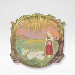 Mihály Kapás Nagy, for Zsolnay Pecs, circa 1902, Eosin glazed earthenware, depicting a maiden herding geese