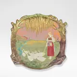 Mihály Kapás Nagy, for Zsolnay Pecs, circa 1902, Eosin glazed earthenware, depicting a maiden herding geese